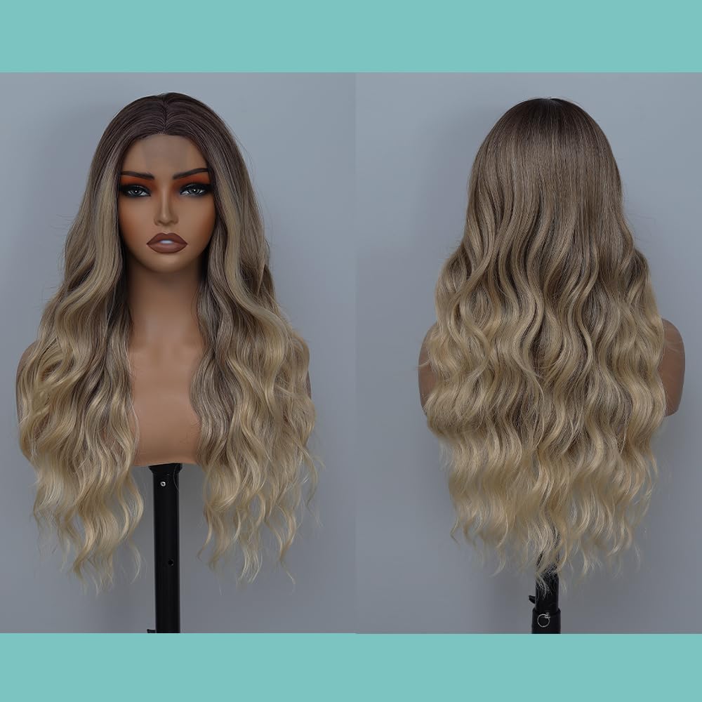 Long Ombre Blonde Wigs for Women 26 inch Long Wavy Middle Part Wig Ombre Blonde Wigs Upgraded Protein Fiber Hair Replacement Wig Cosplay Costume Halloween Wig(26'' Brown Ombre Blonde)