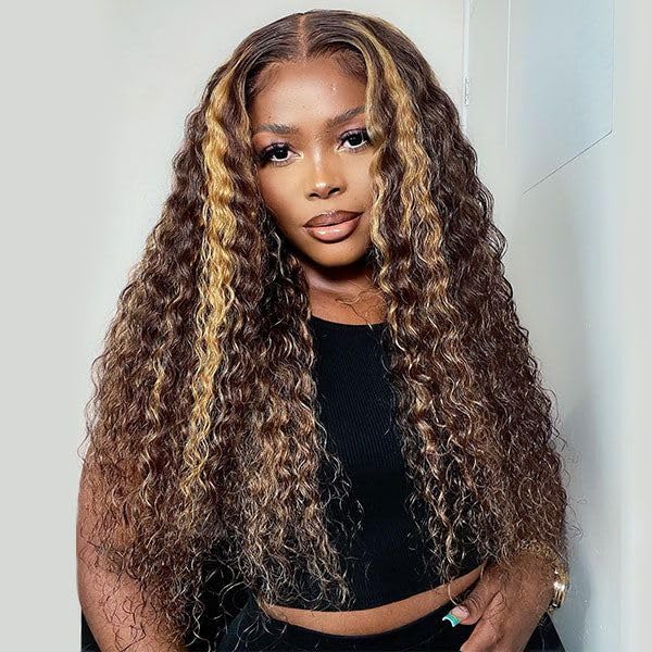 Chesma 28inch Highlight Ombre Lace Front Wig Human Hair 13x4 HD Honey Blonde 4/27 Deep Wave Lace Frontal Wigs Glueless Wigs Human Hair Pre Plucked with Baby Hair 180 Density