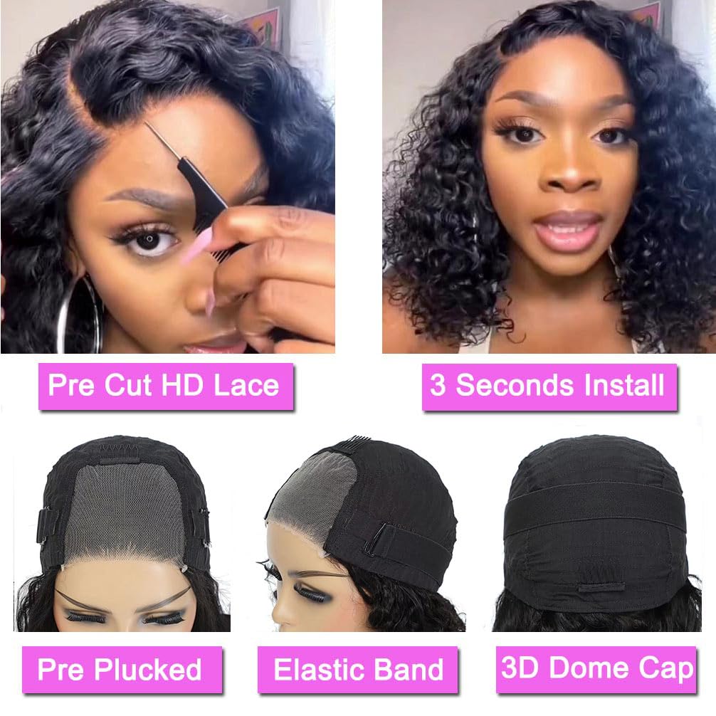 Wear and Go Glueless Wigs Human Hair Pre Plucked Pre Cut Lace Front Wigs for Black Women 180 Density Water Wave Bob Wig Human Hair Curly Wig (14 Inch)