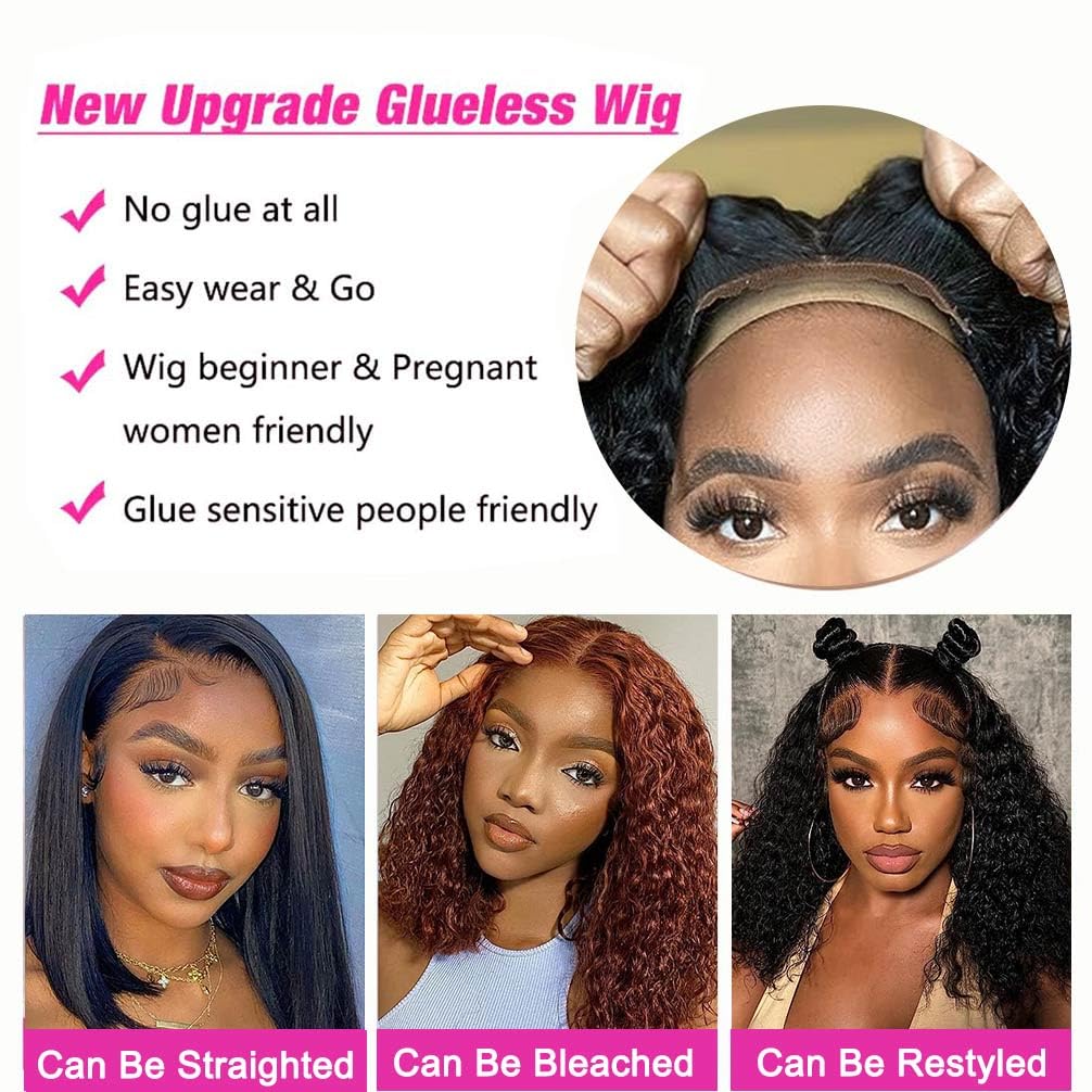Wear and Go Glueless Wigs Human Hair Pre Plucked Pre Cut Lace Front Wigs for Black Women 180 Density Water Wave Bob Wig Human Hair Curly Wig (14 Inch)