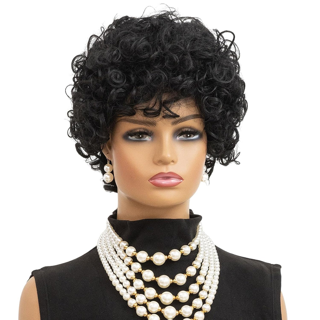 MOONSHOW Natural Black Short Curly Wigs for Black Women - Pixie Cut Wig with Bangs - Synthetic Afro Wig - Heat Resistant - 180% Density - Glueless - Modern Style