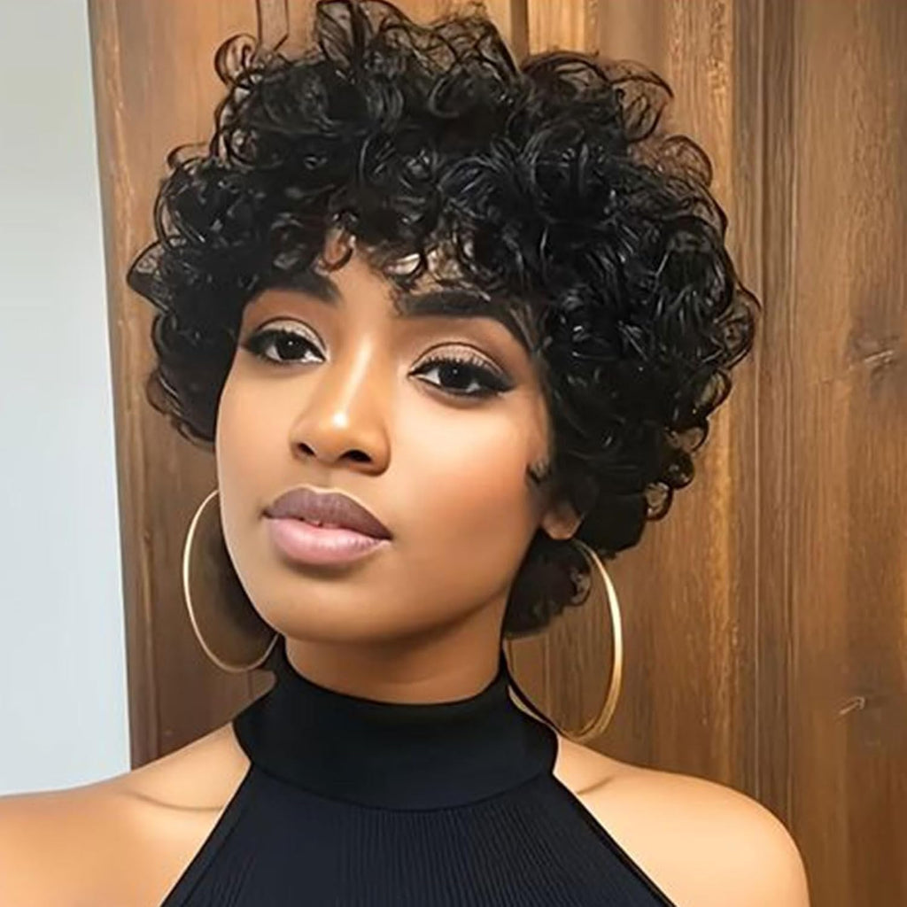 MOONSHOW Natural Black Short Curly Wigs for Black Women - Pixie Cut Wig with Bangs - Synthetic Afro Wig - Heat Resistant - 180% Density - Glueless - Modern Style