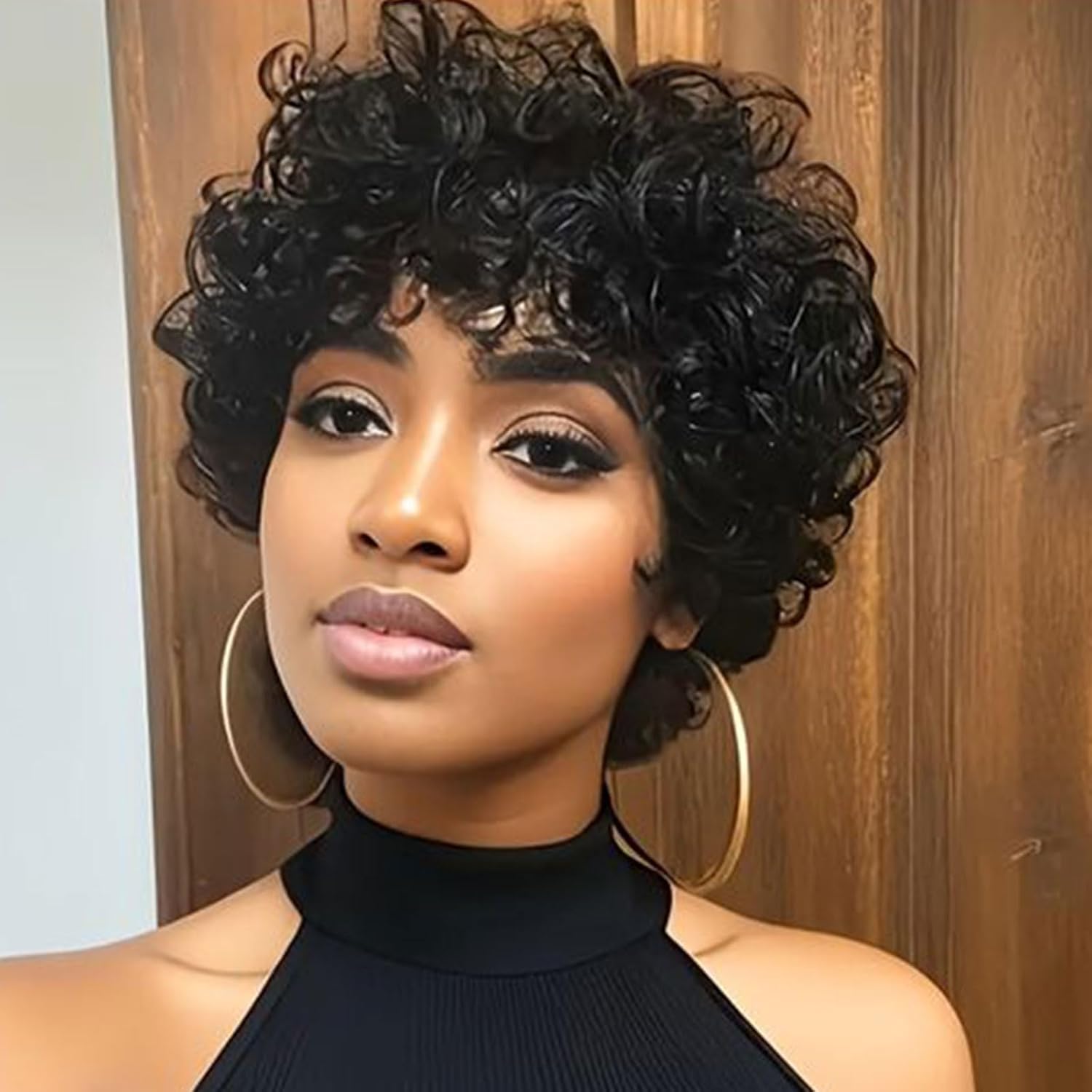 MOONSHOW Natural Black Short Curly Wigs for Black Women - Pixie Cut Wig with Bangs - Synthetic Afro Wig - Heat Resistant - 180% Density - Glueless - Modern Style