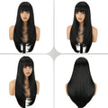 Black Long Straight Layered Wig with Bangs for Women 26 inch Put on Go Realistic Synthetic Fiber Heat Resistant Natural Wig for Girls Party Cosplay and Daily Use