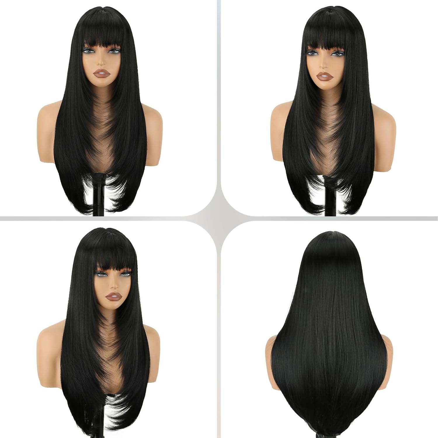 Black Long Straight Layered Wig with Bangs for Women 26 inch Put on Go Realistic Synthetic Fiber Heat Resistant Natural Wig for Girls Party Cosplay and Daily Use