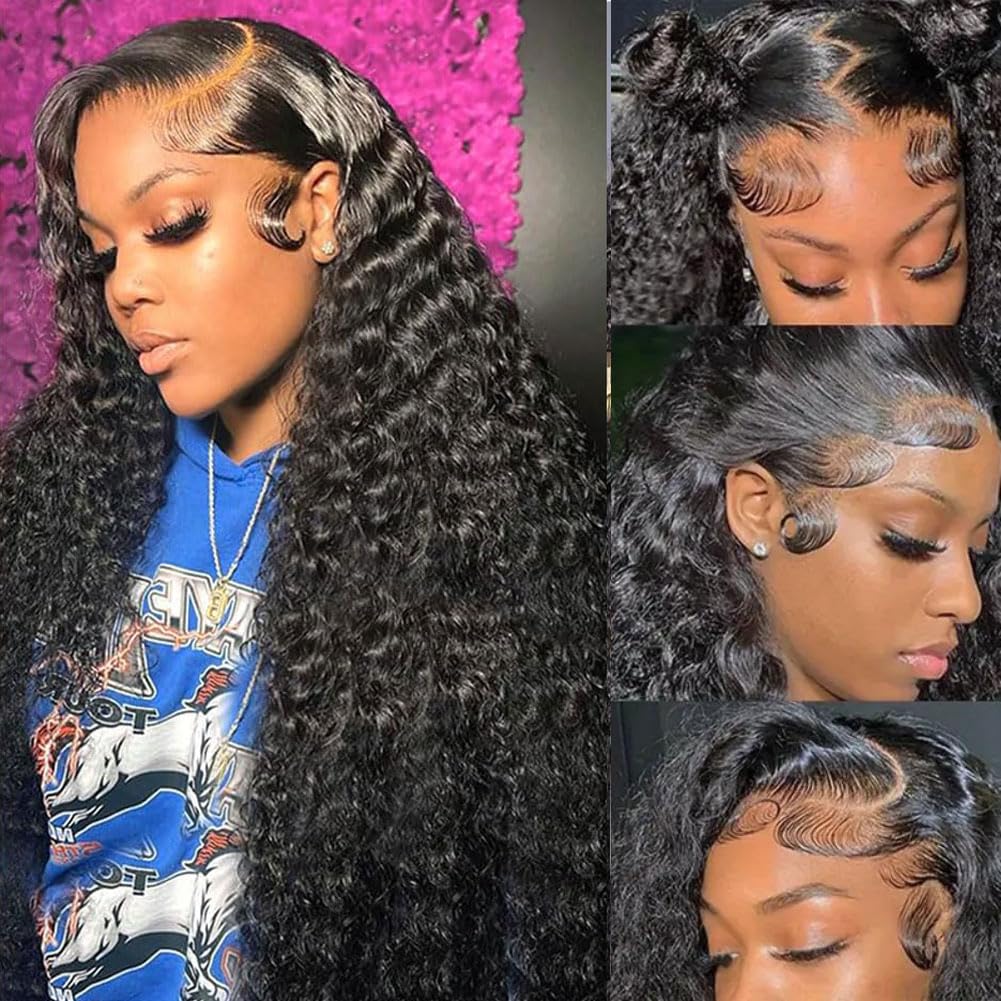Aomllute 30 Inch Deep Wave Lace Front Wigs Human Hair 200 Density 13x4 HD Lace Frontal Wigs Human Hair Pre Plucked Deep Curly Glueless Wigs Human Hair for Women Natural Black