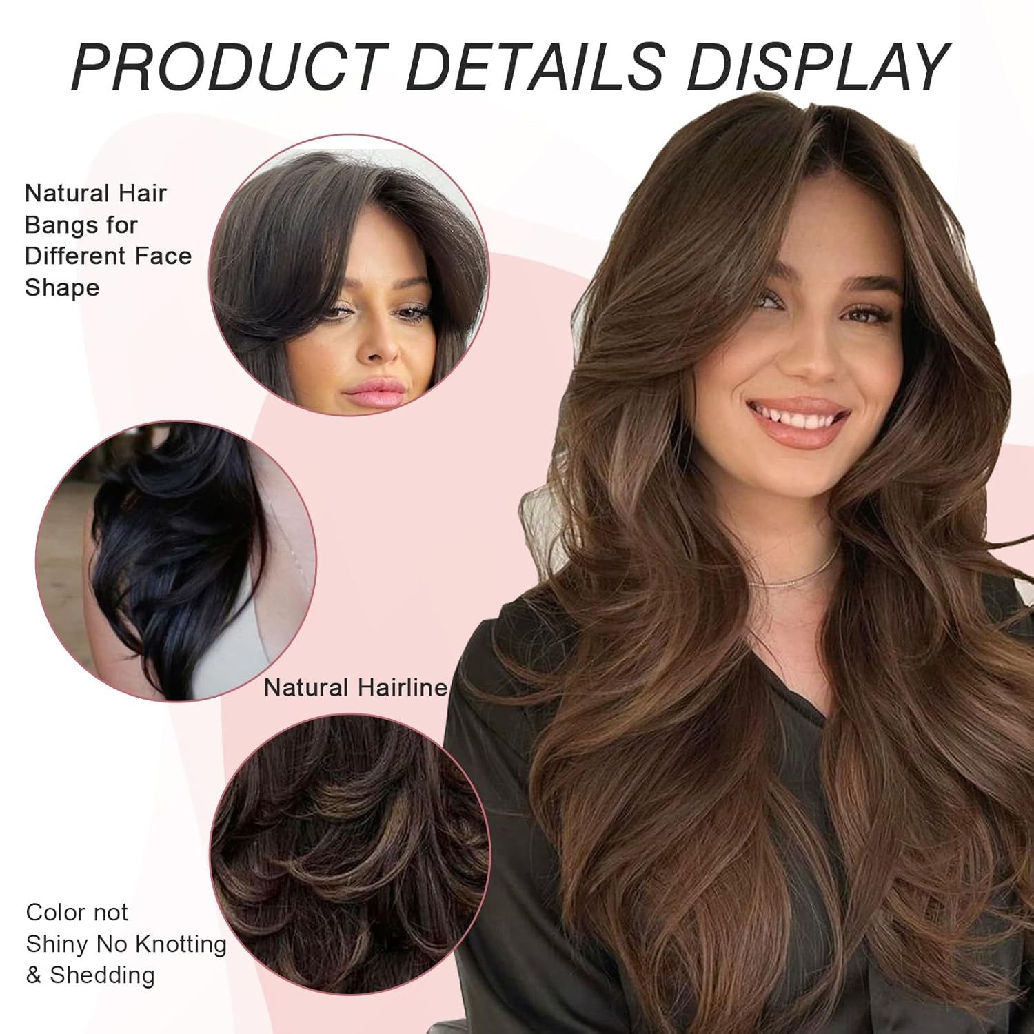 Aisaide Long Wavy Black Layered Wig with Curtain Bangs for Black Women,Synthetic Layered Long Wavy Wig Butterfly Haircut with Thin Hair for Women 24inch(1B)