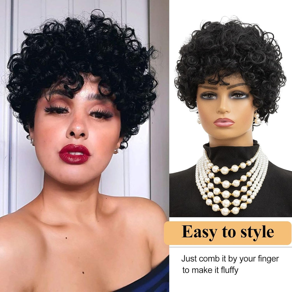 MOONSHOW Natural Black Short Curly Wigs for Black Women - Pixie Cut Wig with Bangs - Synthetic Afro Wig - Heat Resistant - 180% Density - Glueless - Modern Style
