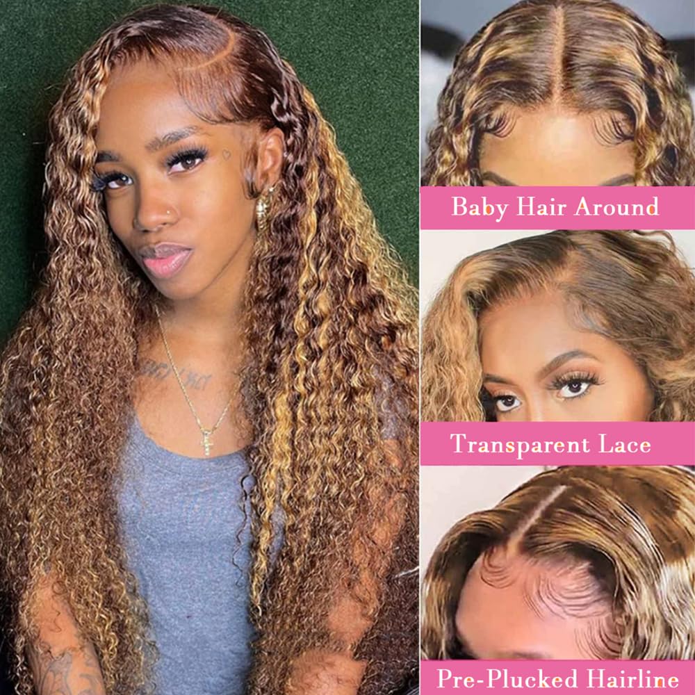 Chesma 28inch Highlight Ombre Lace Front Wig Human Hair 13x4 HD Honey Blonde 4/27 Deep Wave Lace Frontal Wigs Glueless Wigs Human Hair Pre Plucked with Baby Hair 180 Density