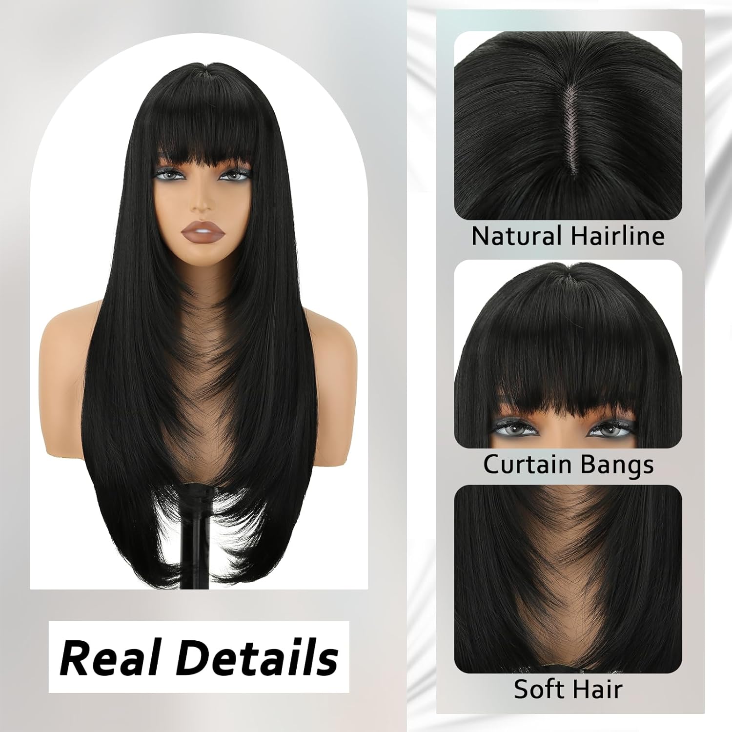 Black Long Straight Layered Wig with Bangs for Women 26 inch Put on Go Realistic Synthetic Fiber Heat Resistant Natural Wig for Girls Party Cosplay and Daily Use