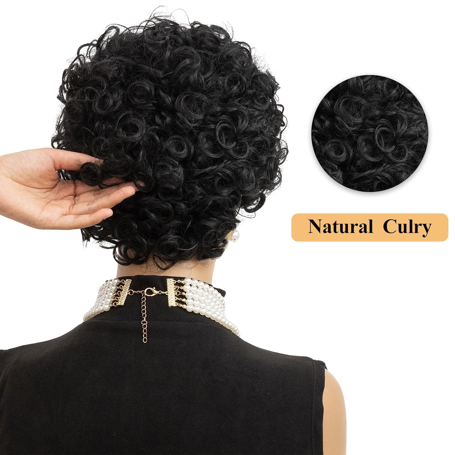 MOONSHOW Natural Black Short Curly Wigs for Black Women - Pixie Cut Wig with Bangs - Synthetic Afro Wig - Heat Resistant - 180% Density - Glueless - Modern Style