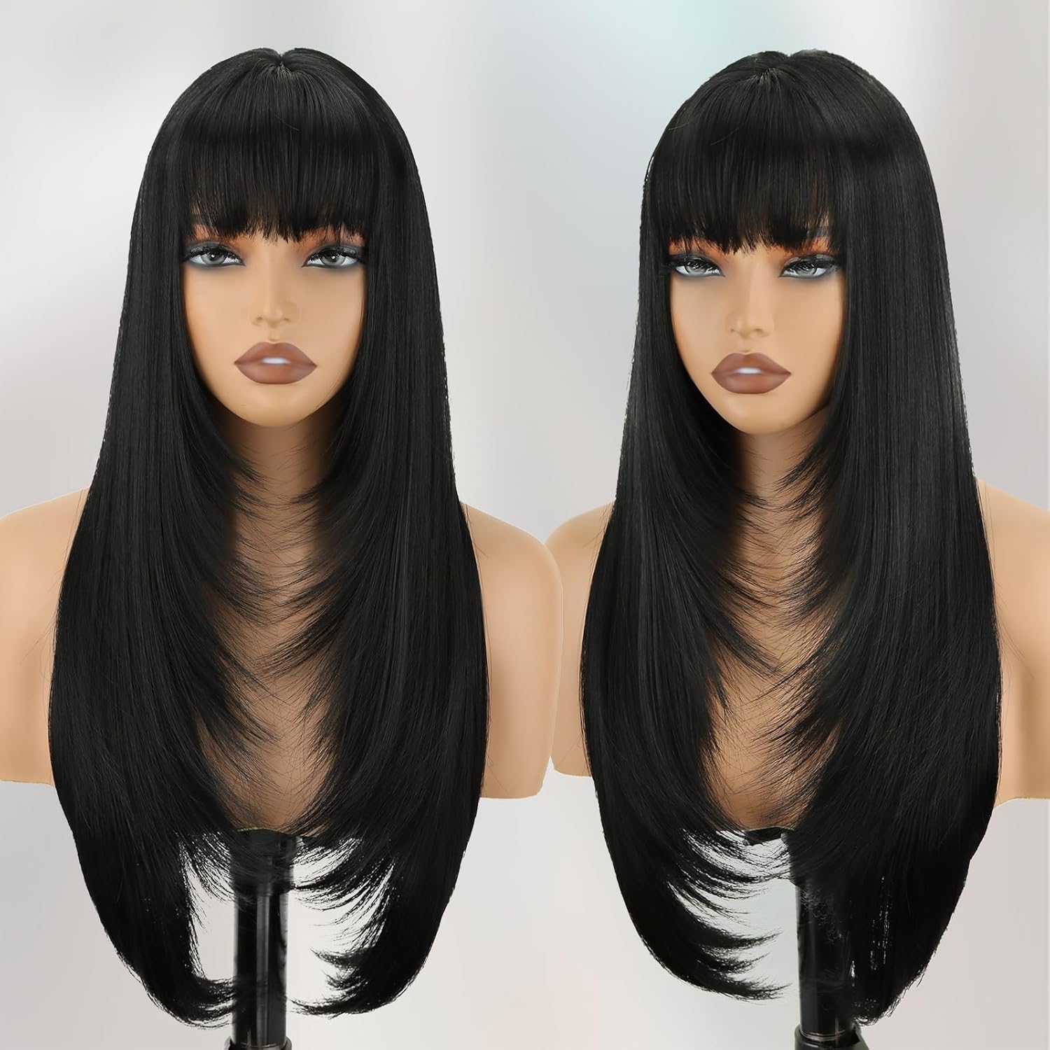 Black Long Straight Layered Wig with Bangs for Women 26 inch Put on Go Realistic Synthetic Fiber Heat Resistant Natural Wig for Girls Party Cosplay and Daily Use