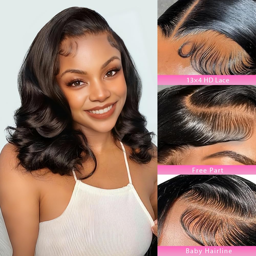 Bob Wig Human Hair 13x4 Lace Front Wigs Human Hair Pre Plucked Upgraded Glueless Wigs Human Hair 12 Inch 180% Density Short Bob Wigs For Black Woman Natural Color