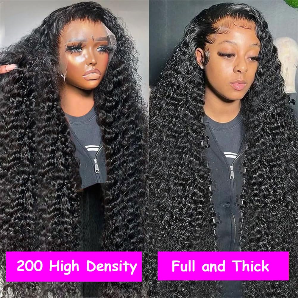 Aomllute 30 Inch Deep Wave Lace Front Wigs Human Hair 200 Density 13x4 HD Lace Frontal Wigs Human Hair Pre Plucked Deep Curly Glueless Wigs Human Hair for Women Natural Black