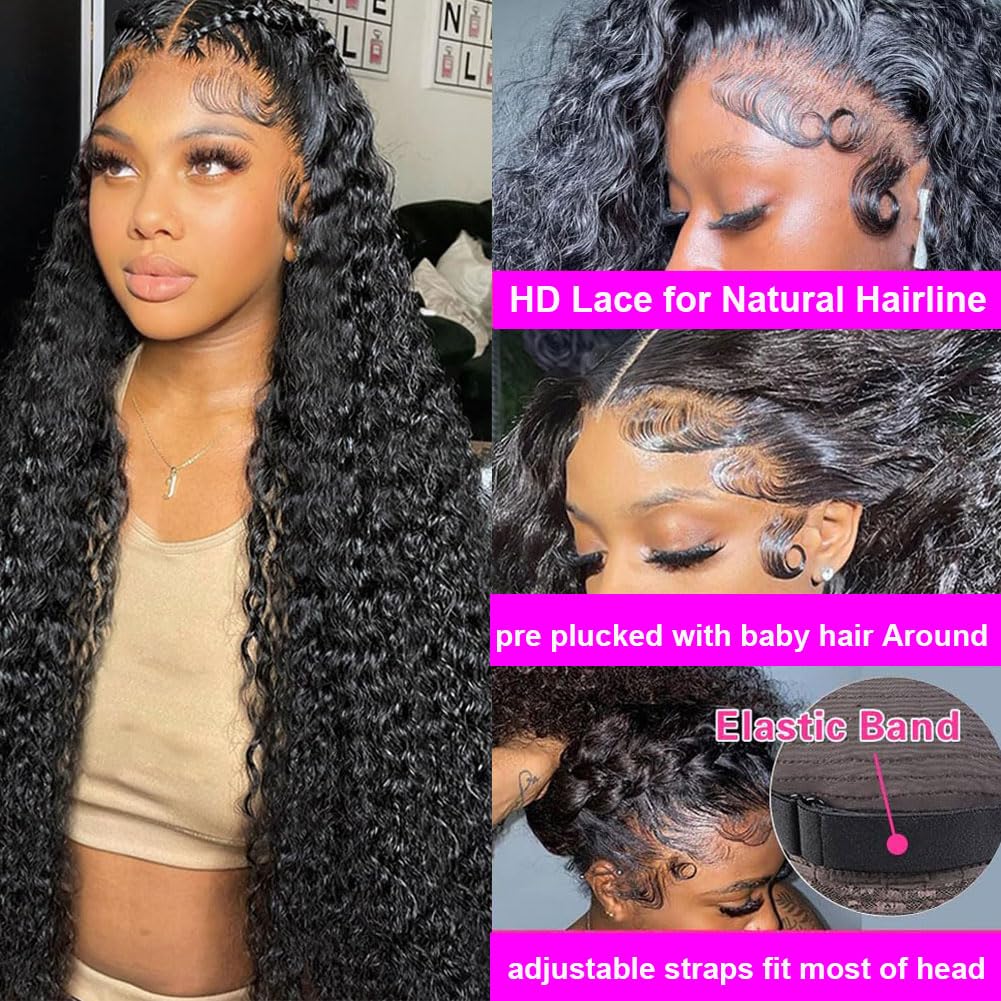 Aomllute 30 Inch Deep Wave Lace Front Wigs Human Hair 200 Density 13x4 HD Lace Frontal Wigs Human Hair Pre Plucked Deep Curly Glueless Wigs Human Hair for Women Natural Black