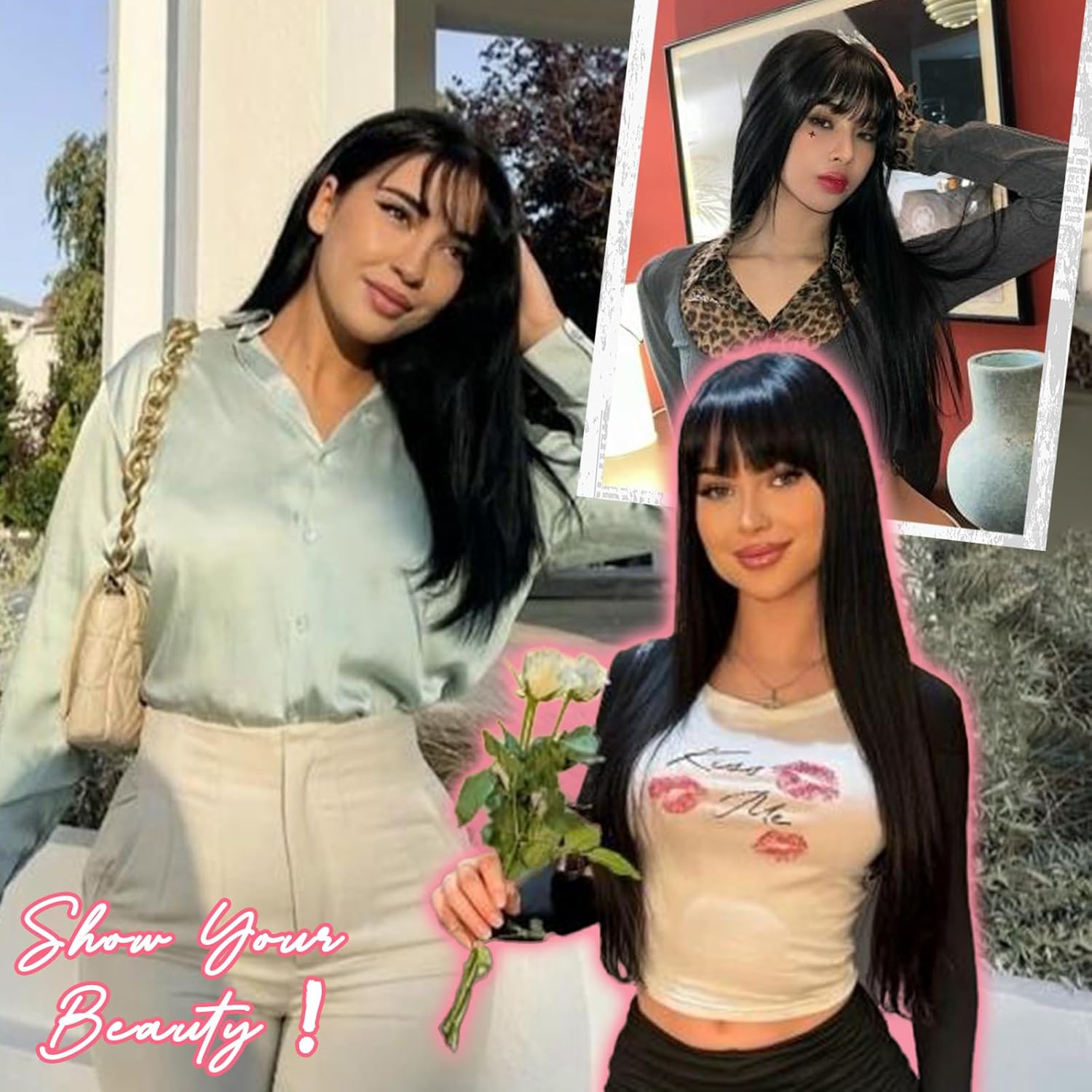 Black Long Straight Layered Wig with Bangs for Women 26 inch Put on Go Realistic Synthetic Fiber Heat Resistant Natural Wig for Girls Party Cosplay and Daily Use