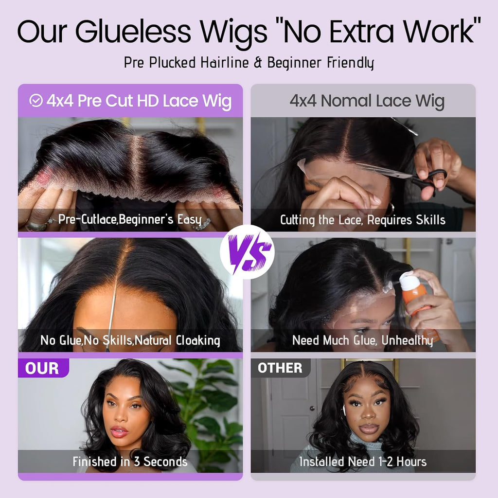 Wear and Go Glueless Wigs Pre Plucked Pre Cut 4x4 Body Wave Bob Wig Human Hair wigs for black women Short Bob Wig Human Hair 180 dentisty natrual color 14inch
