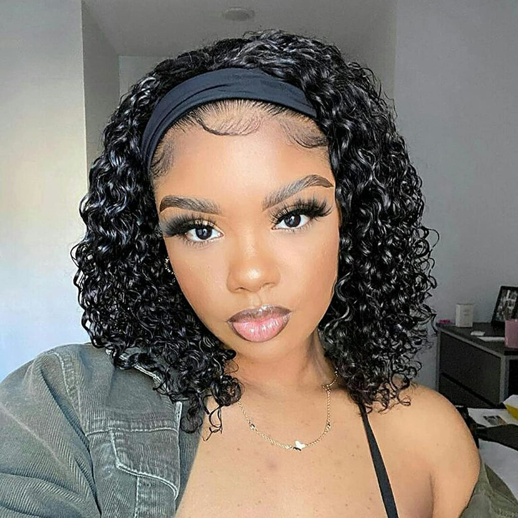 Aiterina Headband Wig Deep Wave 12 Inch Human Hair Headband Wig Curly hair Glueless Human Hair Wigs Machine Made No Lace deep Curly Headband Wigs Natural color