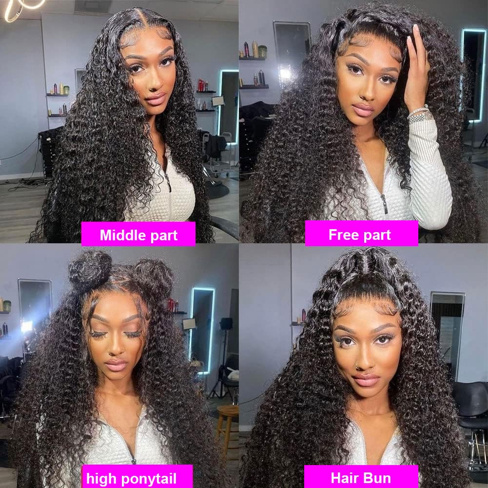 Aomllute 30 Inch Deep Wave Lace Front Wigs Human Hair 200 Density 13x4 HD Lace Frontal Wigs Human Hair Pre Plucked Deep Curly Glueless Wigs Human Hair for Women Natural Black