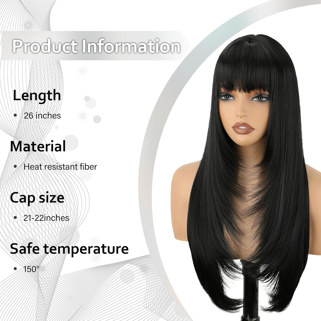 Black Long Straight Layered Wig with Bangs for Women 26 inch Put on Go Realistic Synthetic Fiber Heat Resistant Natural Wig for Girls Party Cosplay and Daily Use