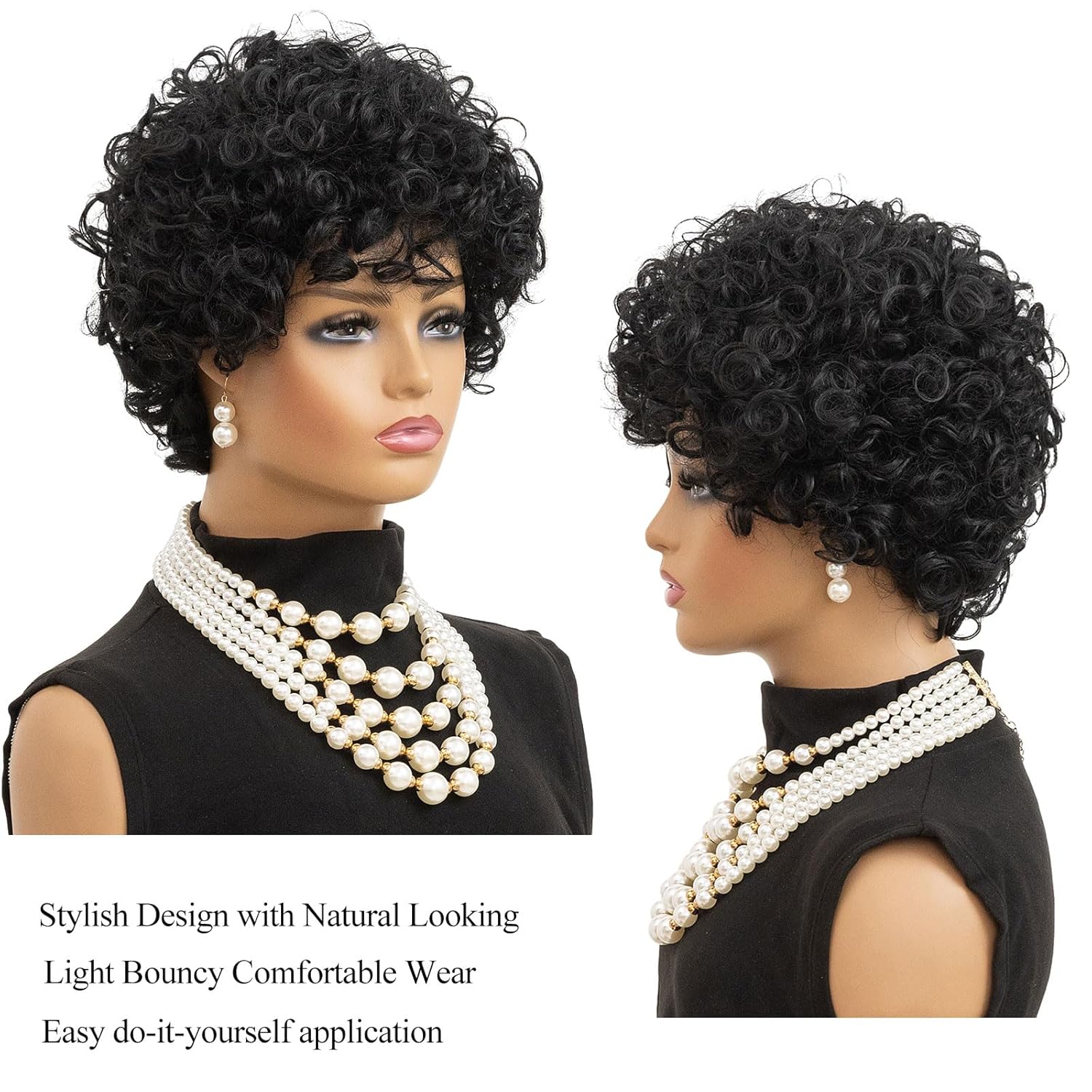 MOONSHOW Natural Black Short Curly Wigs for Black Women - Pixie Cut Wig with Bangs - Synthetic Afro Wig - Heat Resistant - 180% Density - Glueless - Modern Style