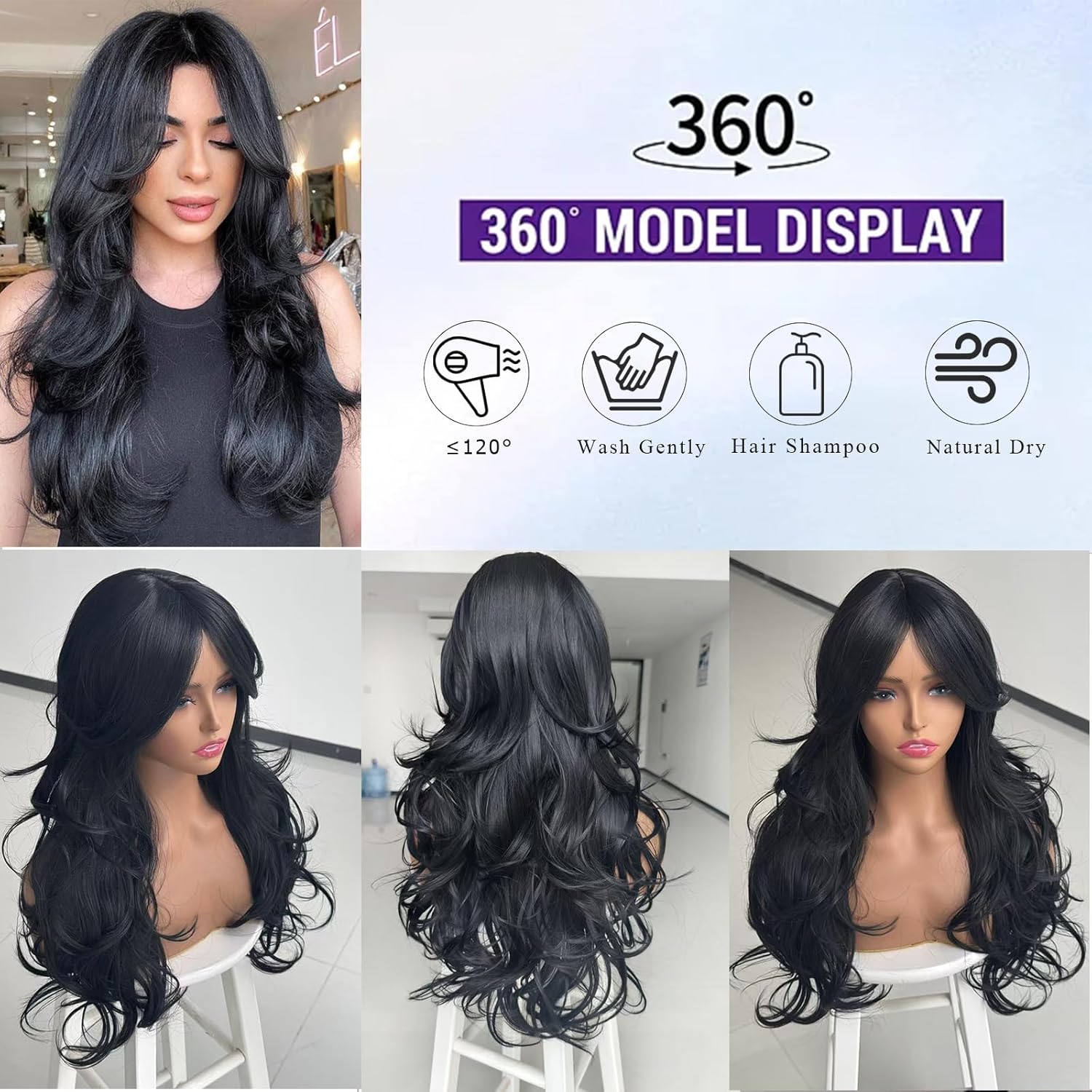 Aisaide Long Wavy Black Layered Wig with Curtain Bangs for Black Women,Synthetic Layered Long Wavy Wig Butterfly Haircut with Thin Hair for Women 24inch(1B)