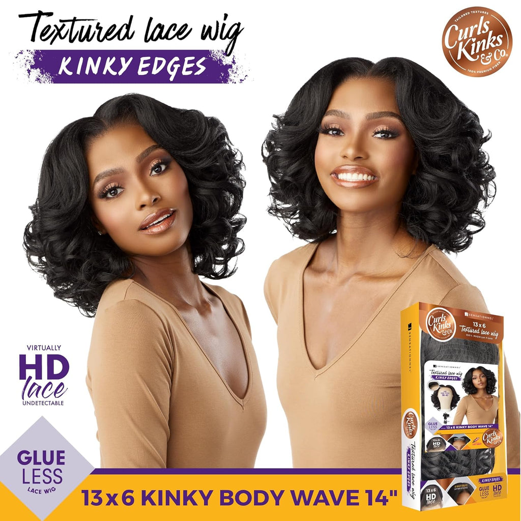 Sensationnel Curls Kinksandco Kinkyedges Wig - Kinky Body Wave 14 Inch 13X6 Lace Frontal Natural Kinkytexture Edged Hairline for Natural 3C to 4C Hair Textures (1B OFFBLACK)