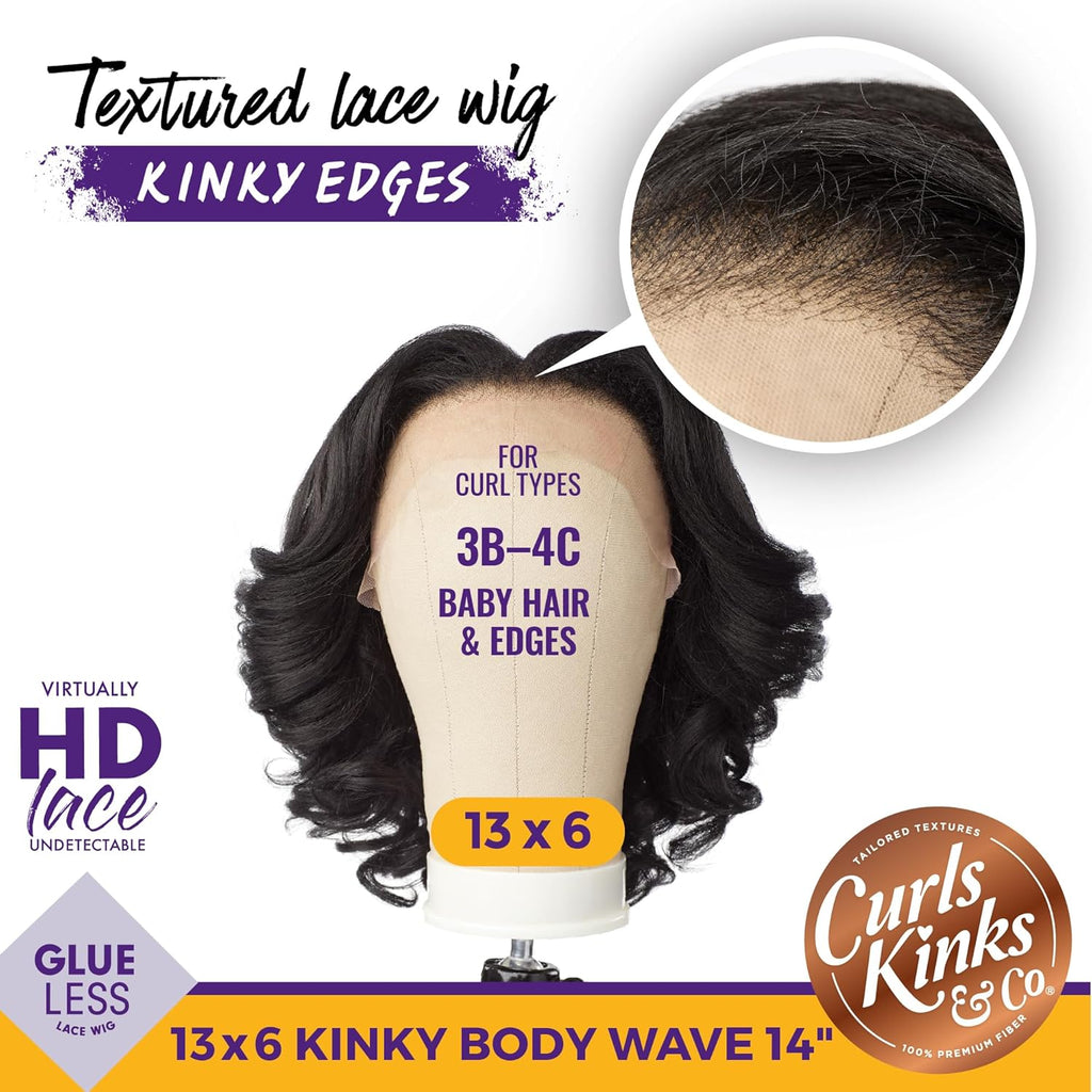 Sensationnel Curls Kinksandco Kinkyedges Wig - Kinky Body Wave 14 Inch 13X6 Lace Frontal Natural Kinkytexture Edged Hairline for Natural 3C to 4C Hair Textures (1B OFFBLACK)