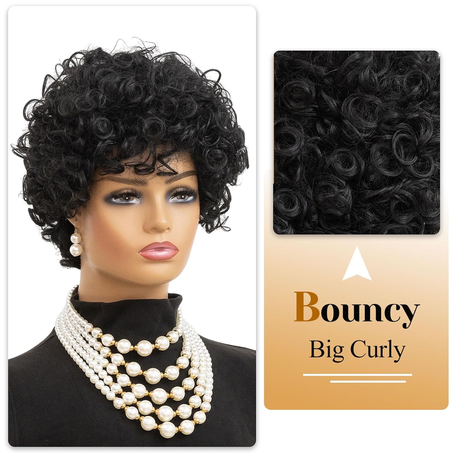 MOONSHOW Natural Black Short Curly Wigs for Black Women - Pixie Cut Wig with Bangs - Synthetic Afro Wig - Heat Resistant - 180% Density - Glueless - Modern Style
