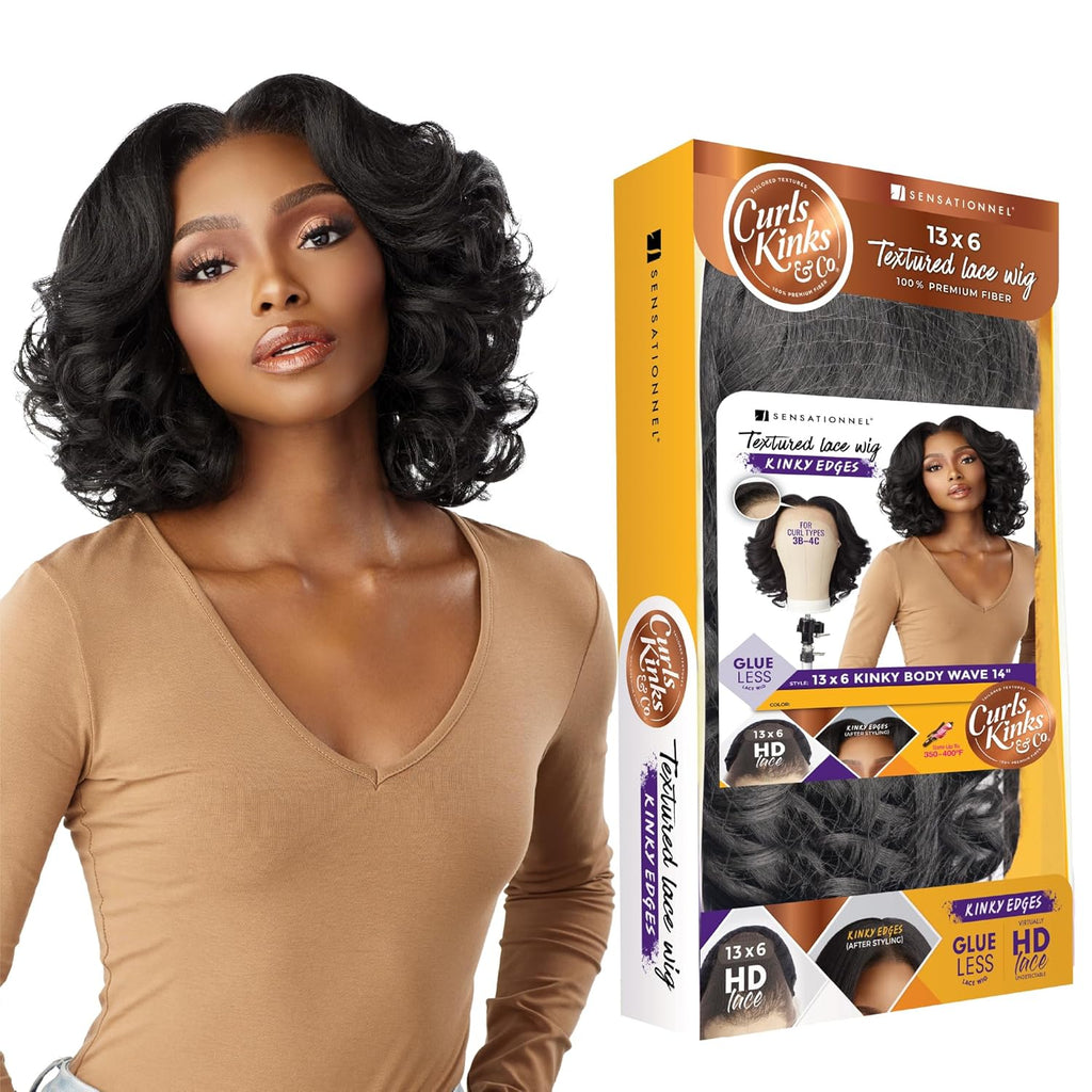 Sensationnel Curls Kinksandco Kinkyedges Wig - Kinky Body Wave 14 Inch 13X6 Lace Frontal Natural Kinkytexture Edged Hairline for Natural 3C to 4C Hair Textures (1B OFFBLACK)