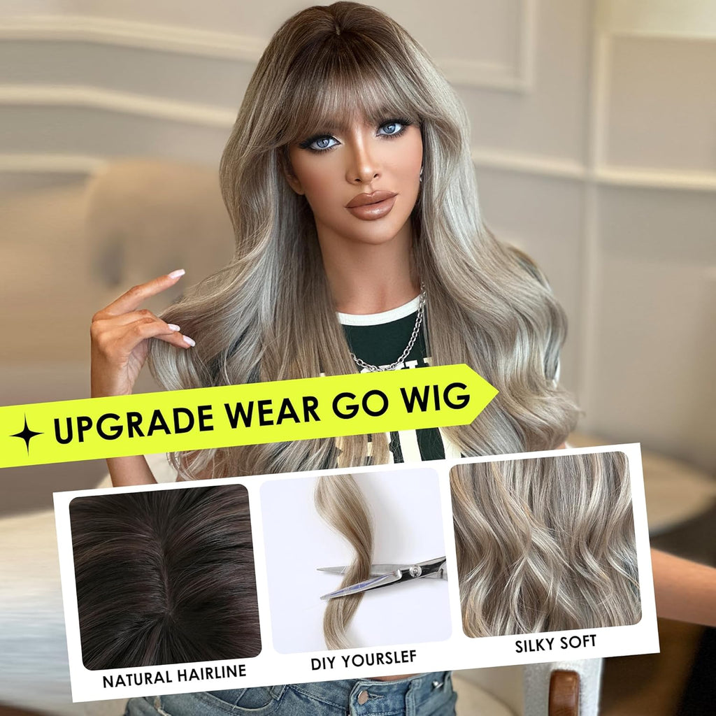 PARK YUN 30 Inch Long Wavy Wig with Bangs for Women Champagne Silver Ombre with Dark Roots Heat Resistant Synthetic Wig Natural Look for Daily Party Cosplay