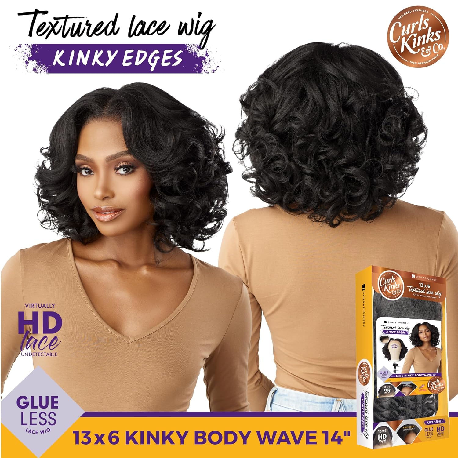 Sensationnel Curls Kinksandco Kinkyedges Wig - Kinky Body Wave 14 Inch 13X6 Lace Frontal Natural Kinkytexture Edged Hairline for Natural 3C to 4C Hair Textures (1B OFFBLACK)