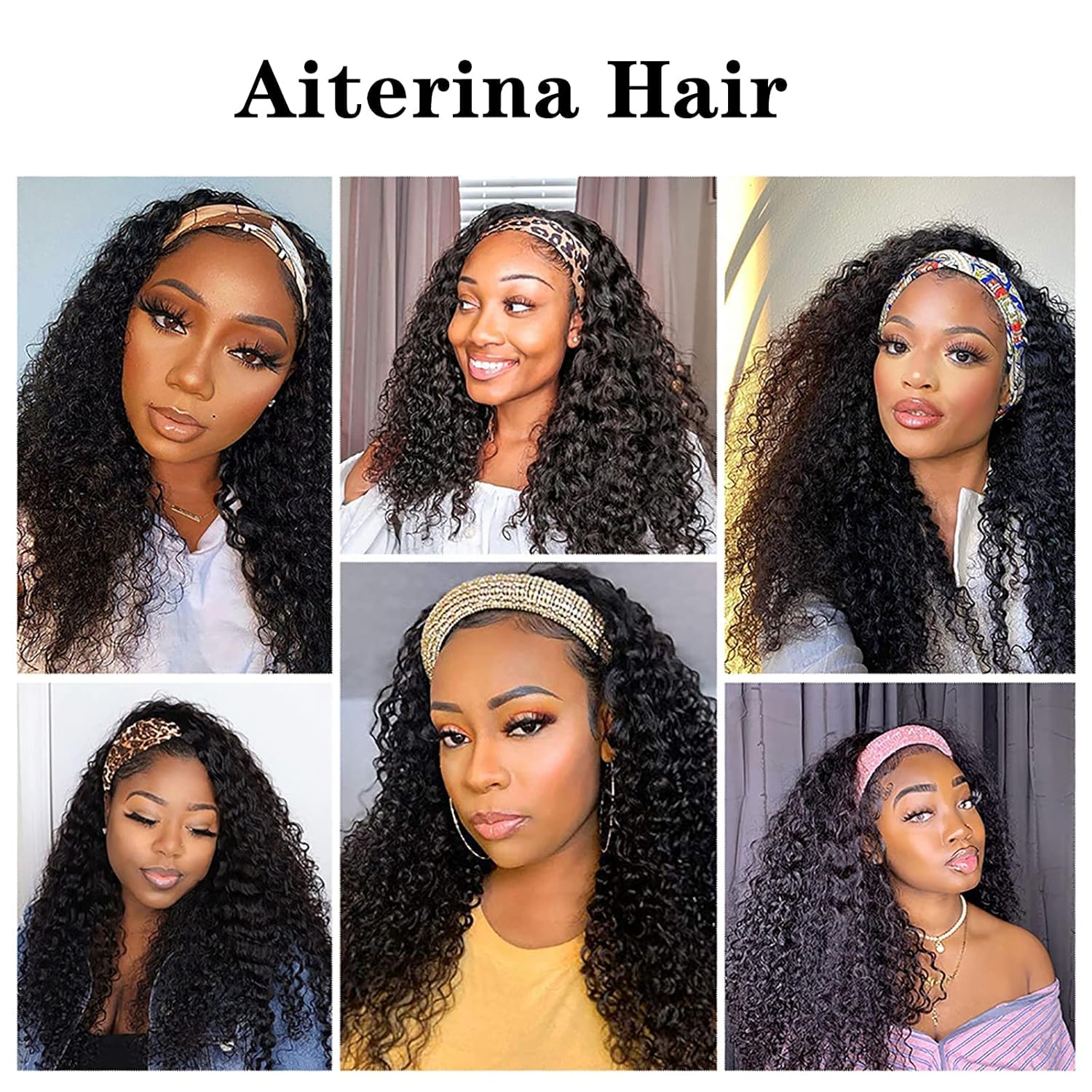 Aiterina Headband Wig Deep Wave 12 Inch Human Hair Headband Wig Curly hair Glueless Human Hair Wigs Machine Made No Lace deep Curly Headband Wigs Natural color