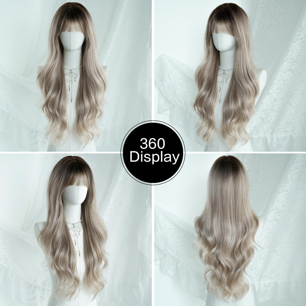 PARK YUN 30 Inch Long Wavy Wig with Bangs for Women Champagne Silver Ombre with Dark Roots Heat Resistant Synthetic Wig Natural Look for Daily Party Cosplay