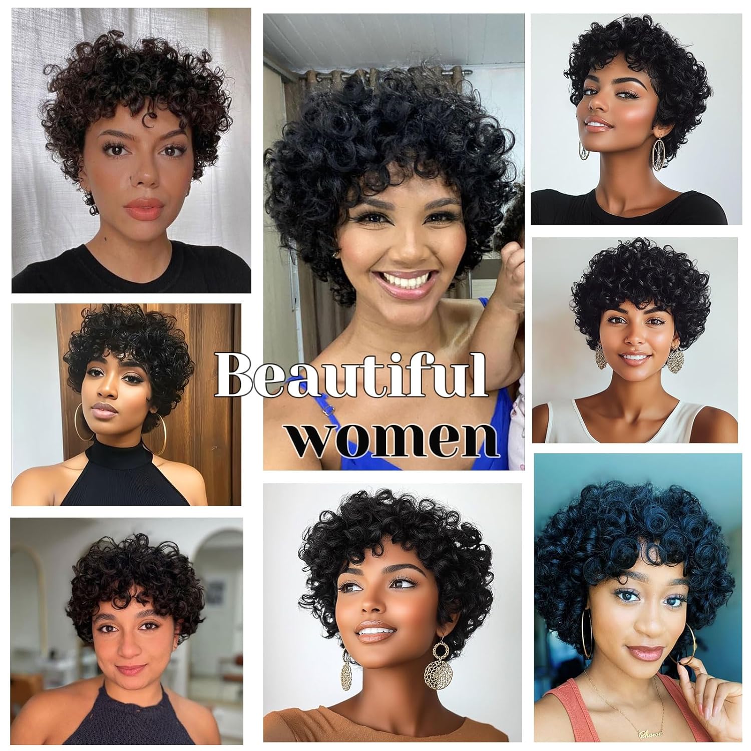 MOONSHOW Natural Black Short Curly Wigs for Black Women - Pixie Cut Wig with Bangs - Synthetic Afro Wig - Heat Resistant - 180% Density - Glueless - Modern Style