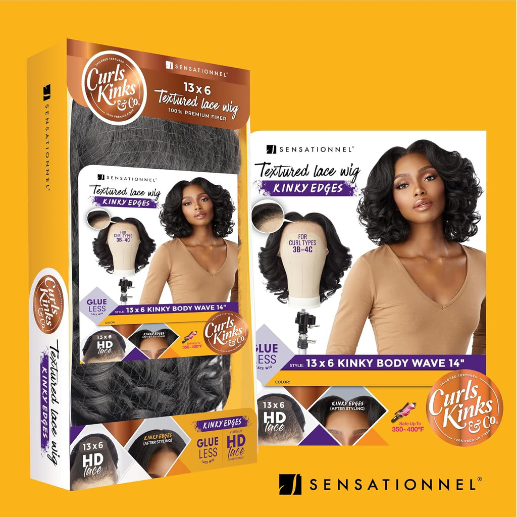 Sensationnel Curls Kinksandco Kinkyedges Wig - Kinky Body Wave 14 Inch 13X6 Lace Frontal Natural Kinkytexture Edged Hairline for Natural 3C to 4C Hair Textures (1B OFFBLACK)
