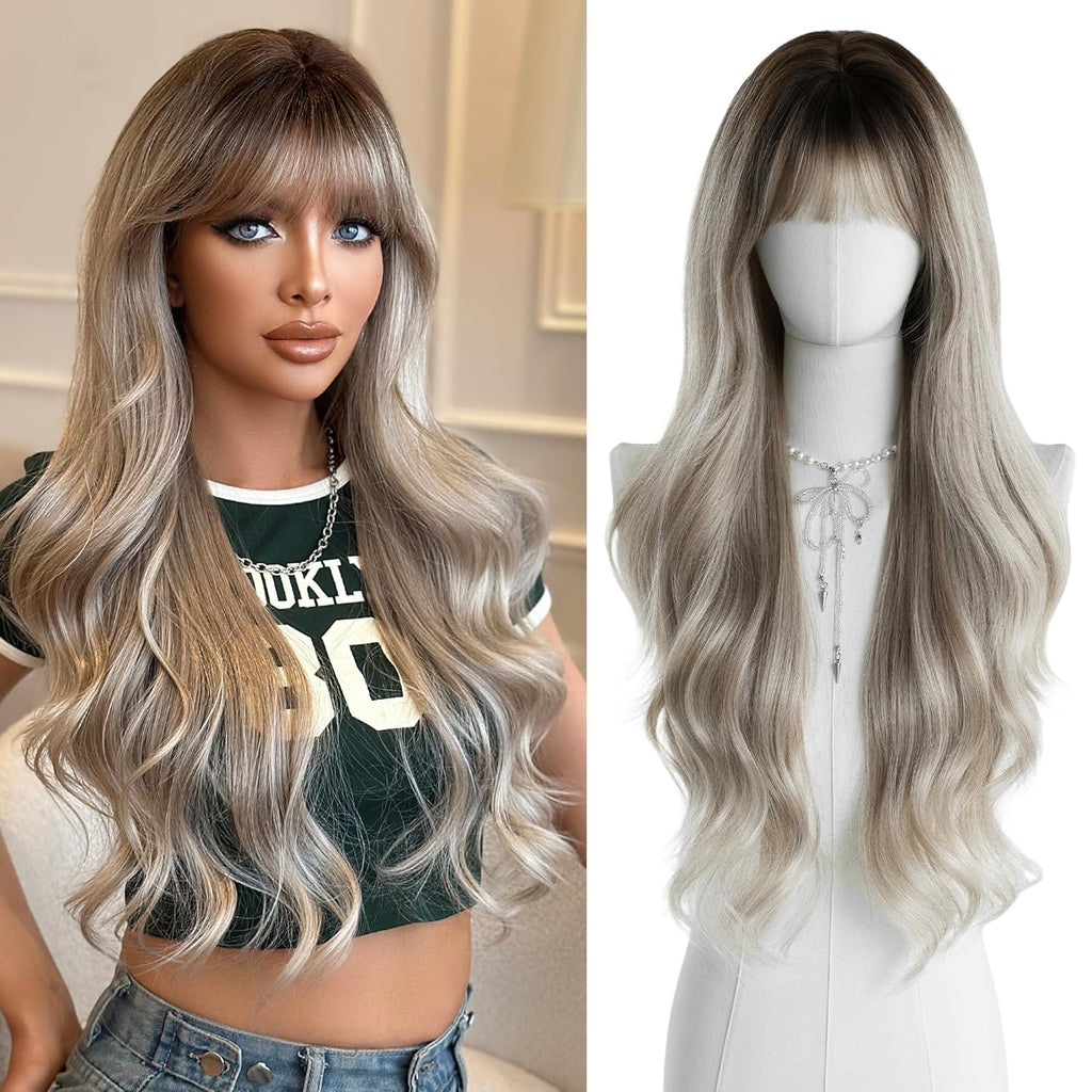 PARK YUN 30 Inch Long Wavy Wig with Bangs for Women Champagne Silver Ombre with Dark Roots Heat Resistant Synthetic Wig Natural Look for Daily Party Cosplay