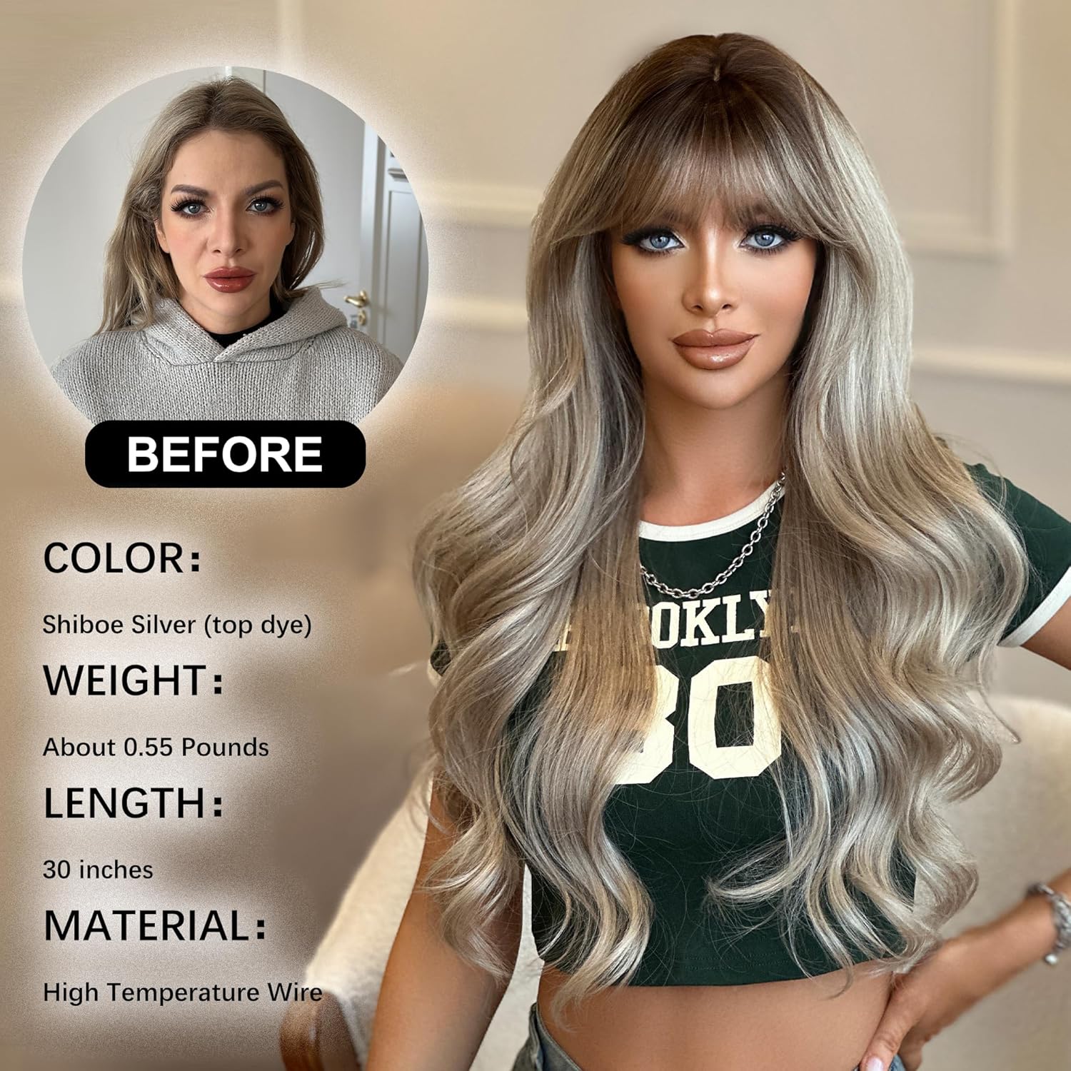 PARK YUN 30 Inch Long Wavy Wig with Bangs for Women Champagne Silver Ombre with Dark Roots Heat Resistant Synthetic Wig Natural Look for Daily Party Cosplay